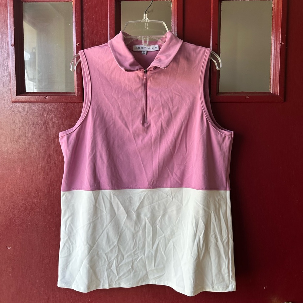 Sincerely Jules Pink and White Sleeveless Zip Polo Tank